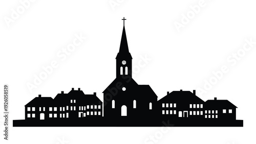 A black silhouette of a town with a church isolated on white background, Vector