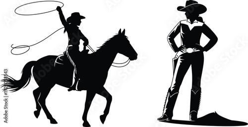 Silhouette of a cowgirl on horseback with a lasso and a standing cowgirl cowboy western