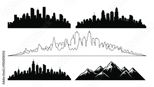 A collection of city and mountain silhouettes in black and white isolated on white background, Vector