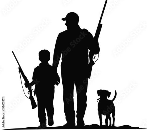 Silhouette of a father and son hunting with a dog on a white background vector illustration