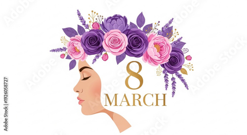 Woman's face with closed eyes adorned with purple and pink floral crown on white background celebrating international women's day on march 8th with gold text