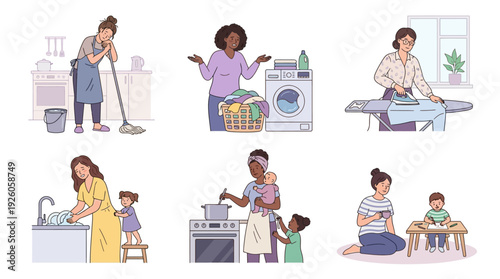 Women's Daily Home Life: Multitasking Mothers, Household Chores, and Childcare. Depicting Domestic Responsibilities and Family Tasks.