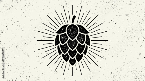 Vintage Grunge Hop Cone with Sunburst Rays Illustration - Craft Beer Brewing Ingredient Emblem