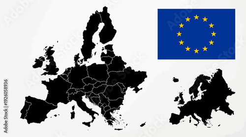 European Union Map with Member Countries and EU Flag. Continent Silhouette.