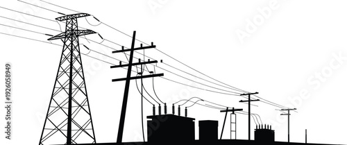 Silhouette of electrical transmission tower and power lines against white background electricity pylon