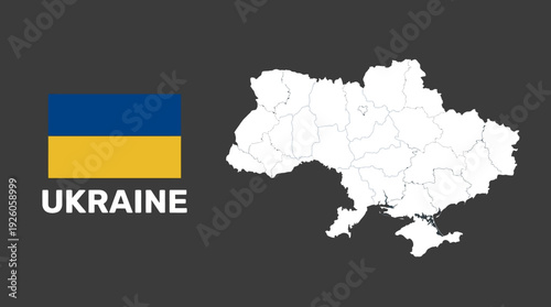 Ukraine Flag, Map, and Text on Dark Background with Administrative Divisions