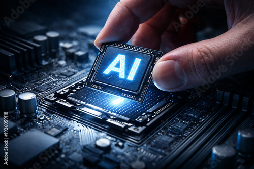 Hand putting ai chip on the motherboard