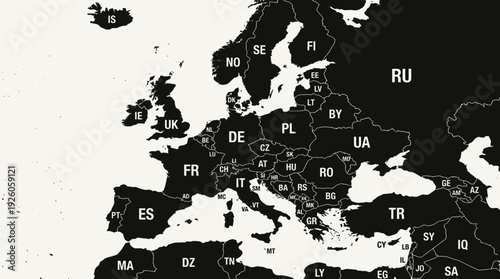 Minimalist Black and White Political Map of Europe with Country Codes - High Contrast Geographic Illustration