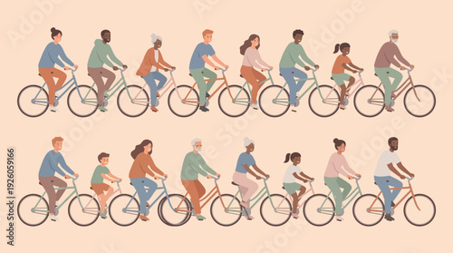 Diverse Multigenerational People Cycling Seamless Pattern. Active Lifestyle, Community & Eco-Friendly Transport Illustration.