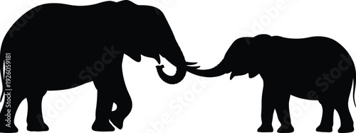 Silhouette of two elephants, one adult and one calf, touching trunks on white background animal animals