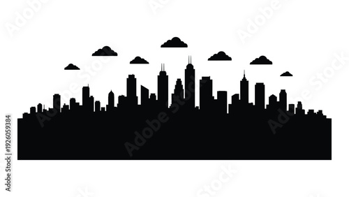 A black silhouette of a city skyline with clouds isolated on white background, Vector