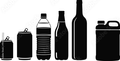 Plastic and glass beverage containers set, bottle can and jug silhouettes isolated on white background illustration