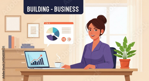 Businesswoman working on laptop at office desk with charts and graphs on screen and wall