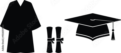 Graduation ceremony icon set, black silhouette vector of academic gown, mortarboard cap with tassel, and diploma scrolls for university success