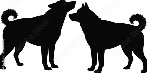 Two black dog silhouettes standing and facing each other on a white background Keywords: dogs, dog, silhouette, black, white