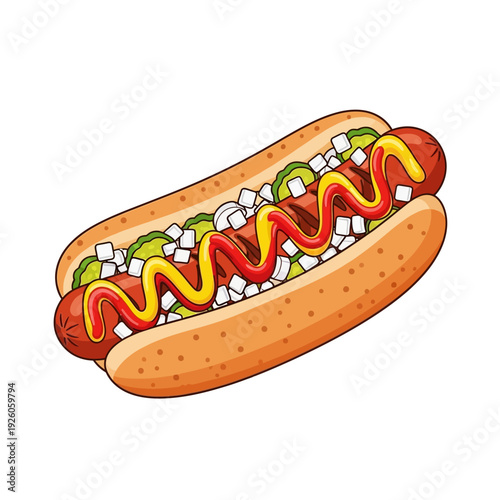 Delicious Hot Dog with Mustard and Ketchup, Topped with Fresh Onions and Pickles