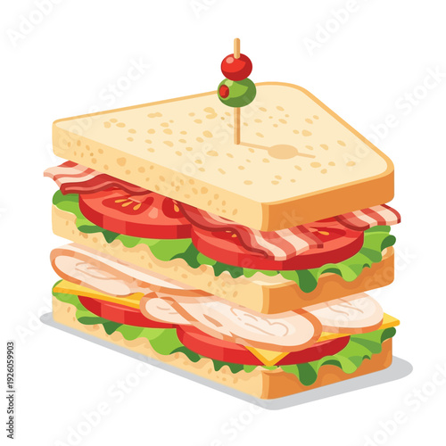 Delicious Triple Decker Club Sandwich with Bacon, Turkey, Tomato, Lettuce and Cheese