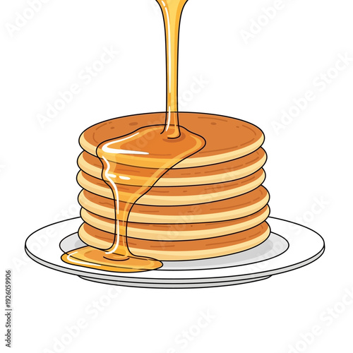 Delicious Stack of Pancakes with Golden Syrup Pouring on White Plate