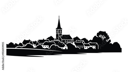 A black and white silhouette of a church and town isolated on white background, Vector