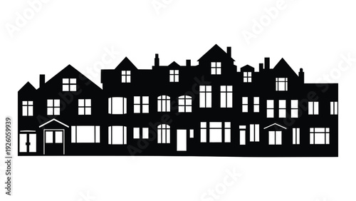 A black silhouette of a row of houses isolated on white background, Vector