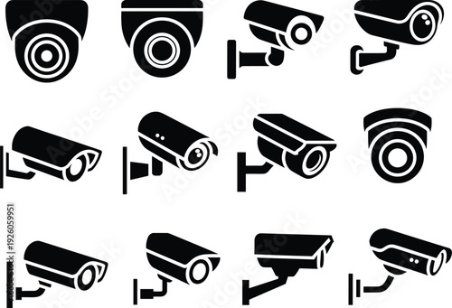 Security camera surveillance icons set, CCTV monitoring system equipment isolated on white background illustration collection