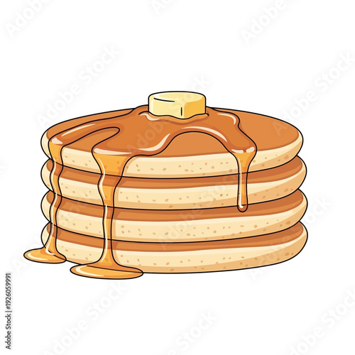 Stack of Golden Pancakes with Melting Butter and Syrup Drizzle