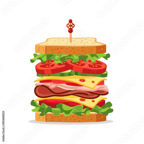 Tall Club Sandwich with Ham, Cheese, Tomato, Lettuce and Cucumber on White Bread