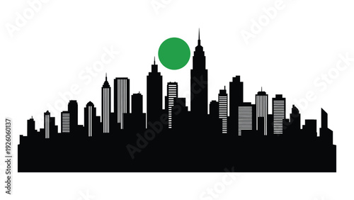 A black and white city skyline with a green sun isolated on white background, Vector