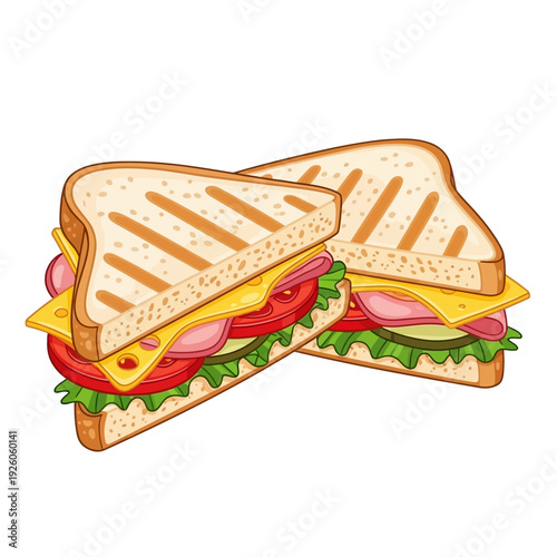 Two delicious grilled sandwiches with ham, cheese, tomato, lettuce, and cucumber on white background.