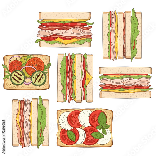 Assorted Delicious Sandwiches Collection, Food Illustration