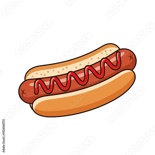 Cartoon Hot Dog with Ketchup on White Background
