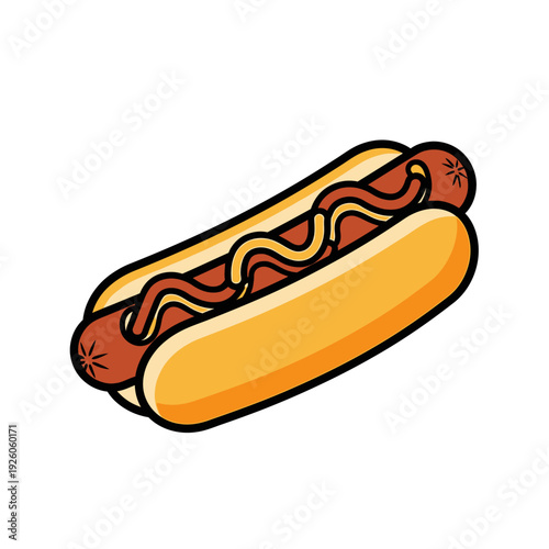 Cartoon hot dog with mustard on white background