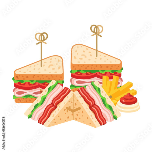 Club Sandwich, Fries, and Condiments - Illustration
