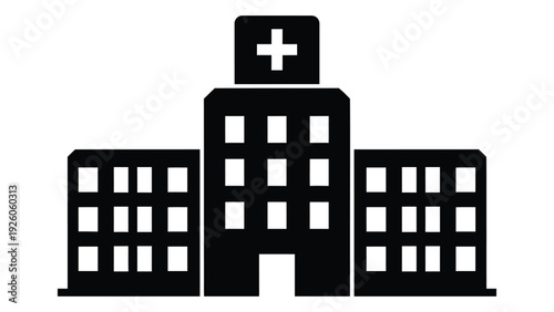 A black and white icon of a hospital building isolated on white background, Vector