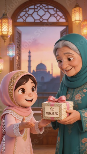 Joyful Eid Mubarak Gift Exchange Between Grandmother and Granddaughter