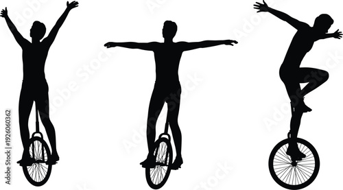 Unicycle rider silhouettes performing balance tricks, acrobat cyclist isolated on white background illustration set
