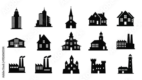 A collection of 15 black silhouette icons of various buildings and structures isolated on white background, Vector