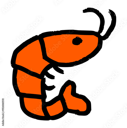 hand drawn shrimp doodle with rough outline, orange prawn vector icon, minimalist seafood element for restaurant menu, food logo, or marine life concept
