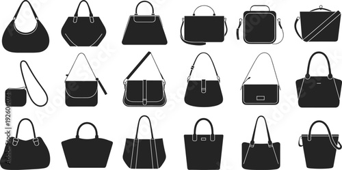 Women handbag collection silhouettes set, fashion purses and shoulder bags isolated on white background illustration