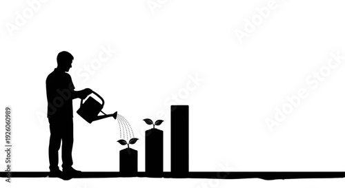 Silhouette of a man watering small plants growing on top of a financial bar chart representing business growth