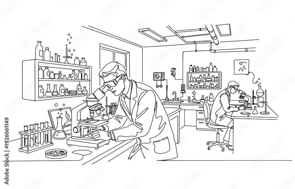 Naklejka premium Microscope labs in continuous one line drawing.