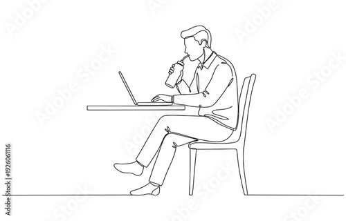 Continuous line drawing of a man working on a laptop while drinking water.