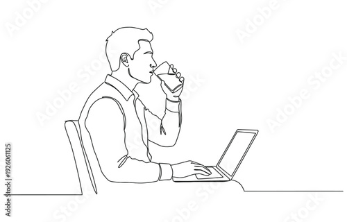 Continuous line drawing of a man working on a laptop while drinking water.