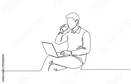Continuous line drawing of a man working on a laptop while drinking water.
