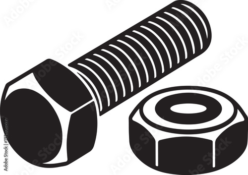 Hex bolt and nut mechanical fastener silhouette design vector illustration 