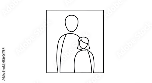 Simple line drawing depicts a parent and child presented within a square frame