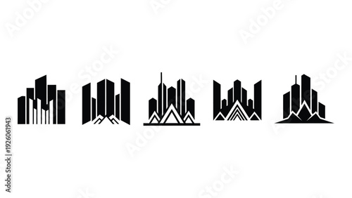 A series of city skylines with mountains in the background isolated on white background, Vector