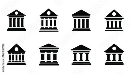 A collection of black and white illustrations of buildings isolated on white background, Vector