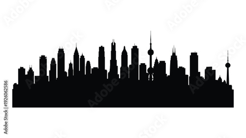A black silhouette of a city skyline with tall buildings isolated on white background, Vector