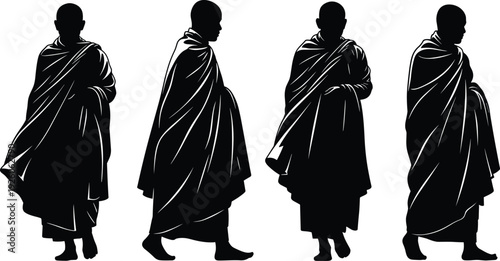 Black silhouettes of Buddhist monks walking in traditional robes isolated on white background for religious, spiritual, meditation, or cultural themed design projects.